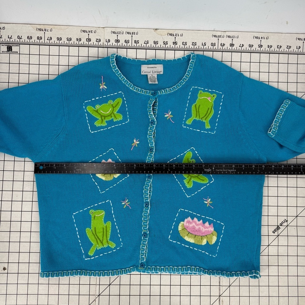 Casual living vintage cotton Cardigan w/ Frog /embroidered Lily pad Flower XL - Picture 9 of 15